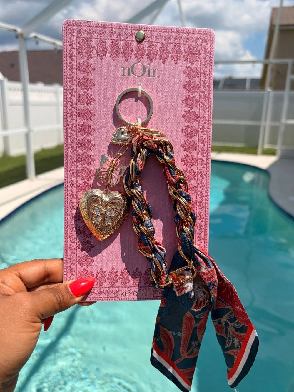 Braided scarf keychain with dangling Gold Heart Charm and butterflies-NIB
